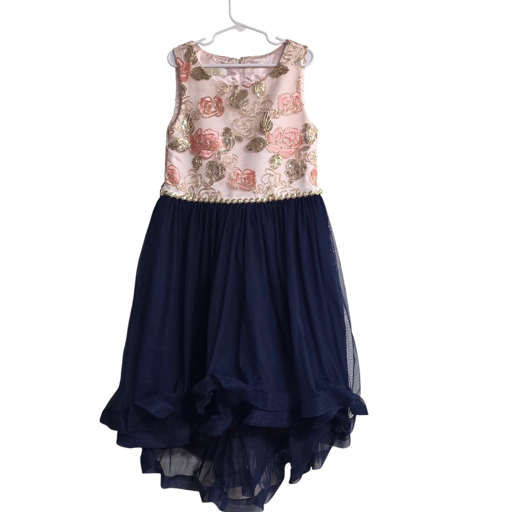 American Princess Girls Pink Gold Sequin Floral Navy Tulle High Low Dress 12